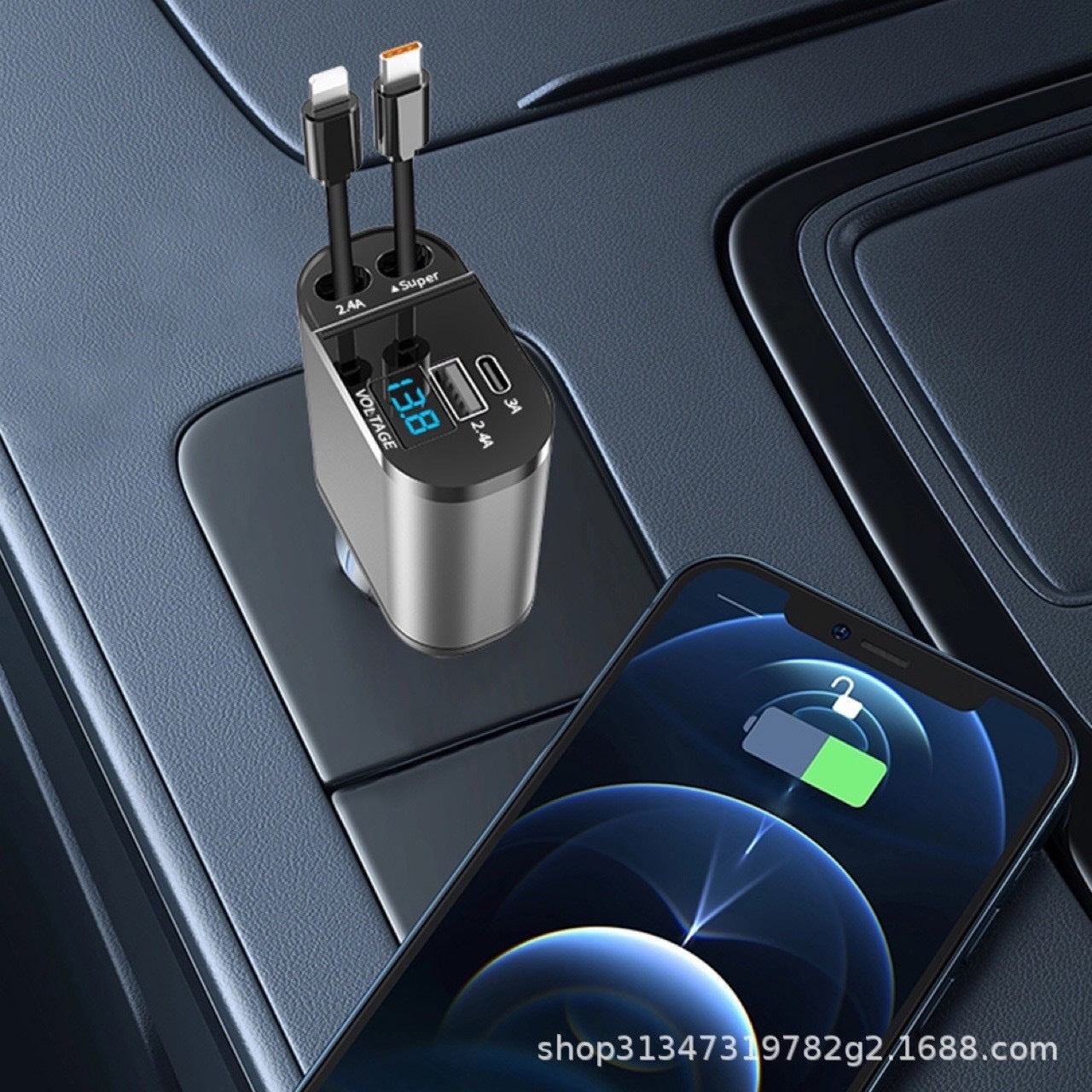 Car Charger Supports 120W Super Fast Charging Flash Charging Retractable Cable Four-in-one Cigarette Lighter