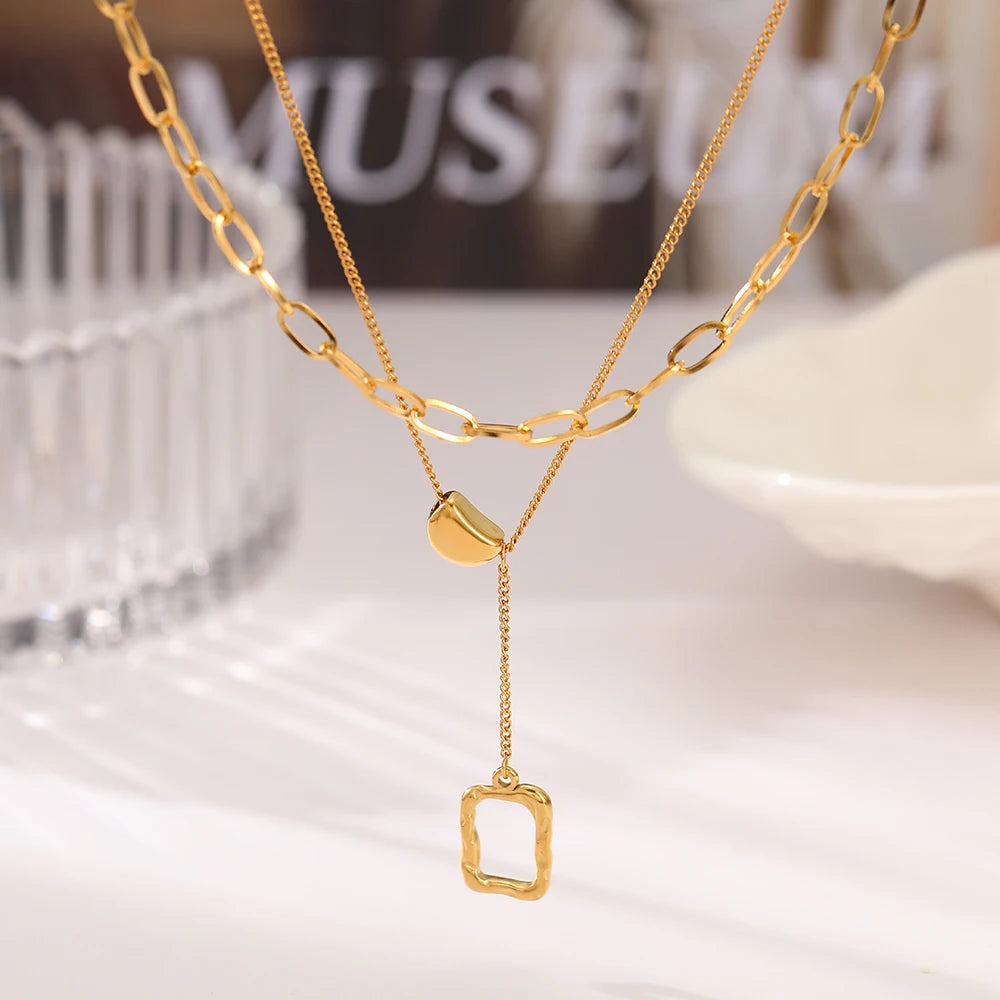 Stainless Steel Necklaces Vintage Beans Square Double-layer chain Kpop Design Sense Trending Products Necklace For Women Jewelry